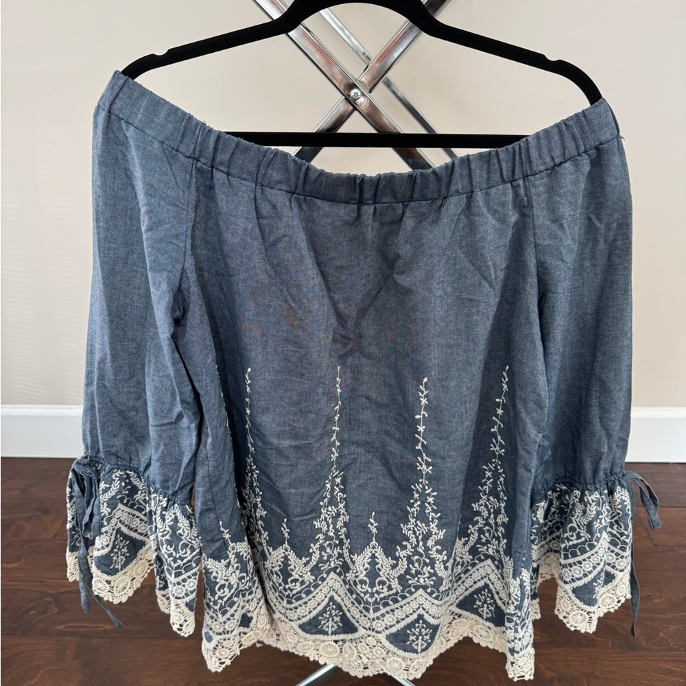 ECI Blue Off-Shoulder Blouse with Cream Lace Trim